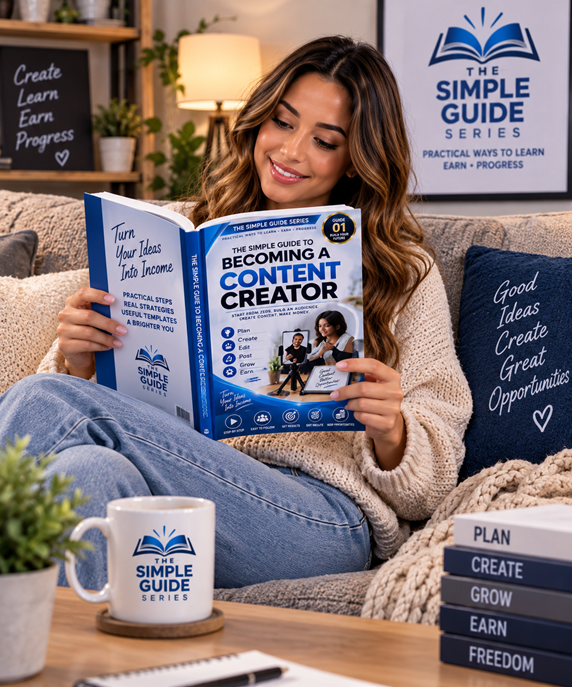 A woman reading The Simple Guide to Becoming a Content Creator