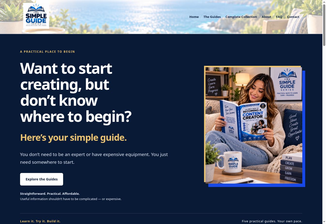 The Simple Guide Series website: the opening design with its navy and gold palette